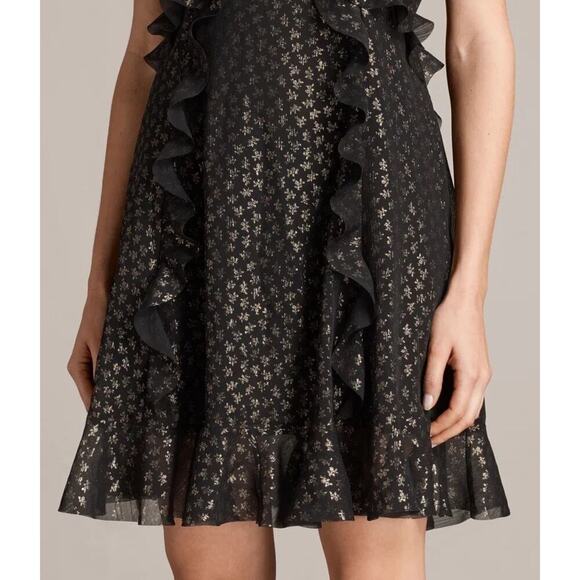 All Saints Derrell Black & Gold Ruffle Dress - Picture 3 of 15